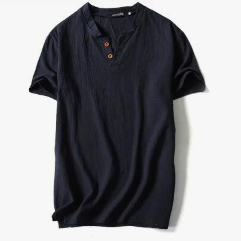 Men's black V-neck t-shirt, soft and comfortable for daily wear, relaxed fit summer basic.