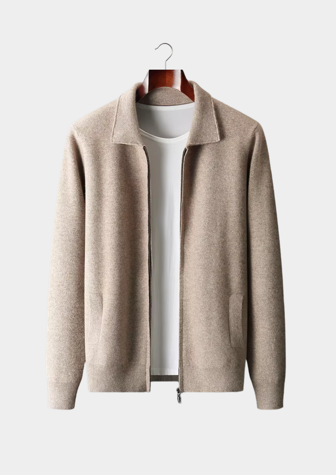 Men's classic zip-up cardigan sweater, smart casual layer for all seasons.