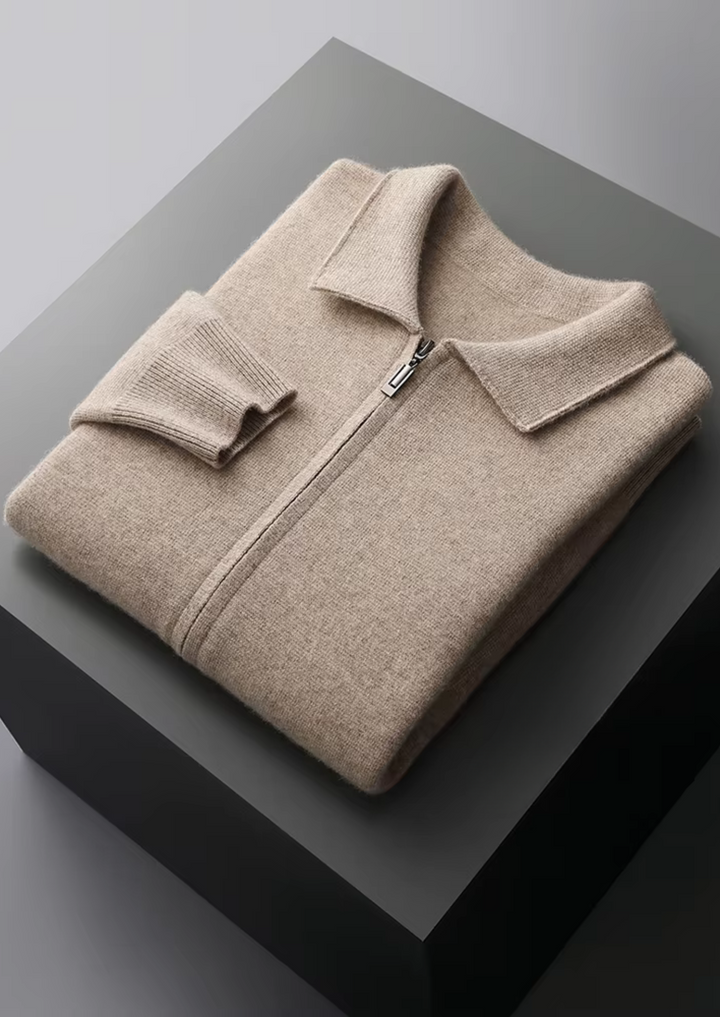 Comfortable men's knit zip-up cardigan, an all-season smart casual layer.
