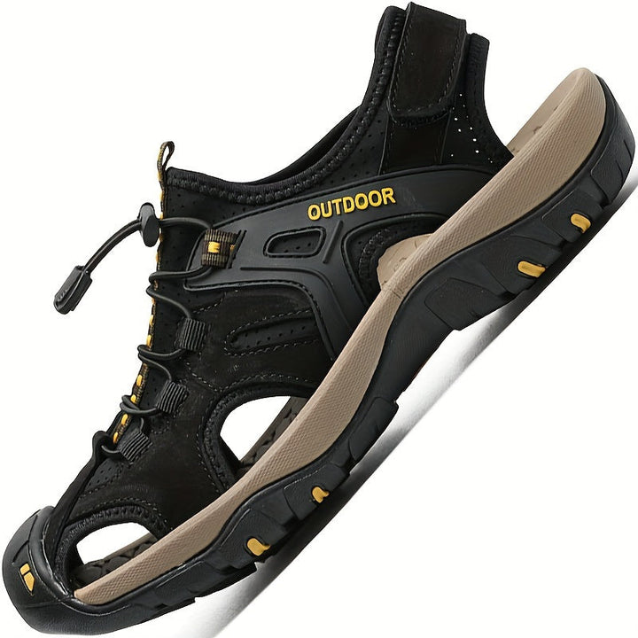 Rugged men's closed-toe hiking sandals with protective design & strong grip sole for challenging trails.