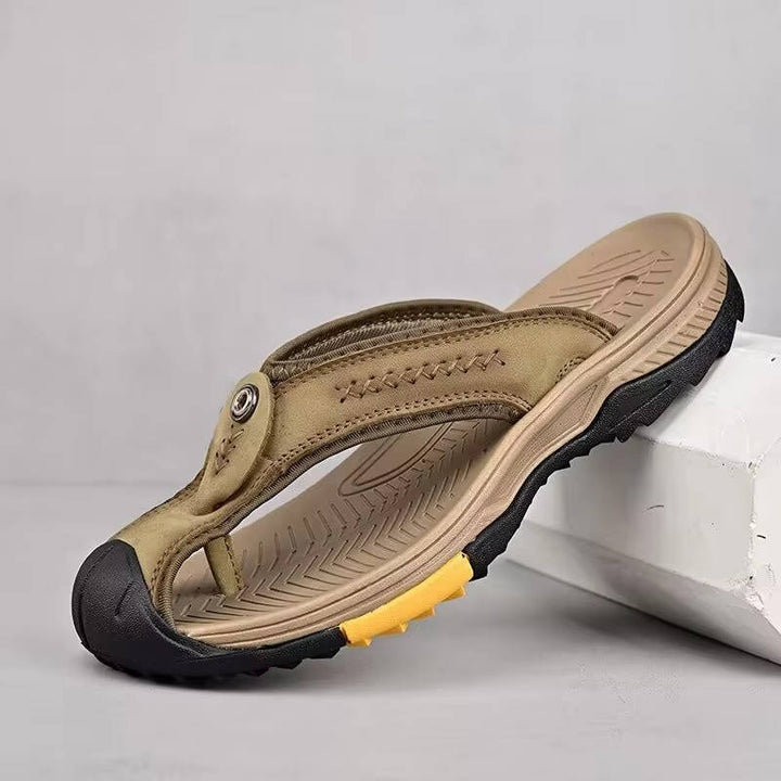 Tan men's closed toe water resistant sport sandals, non-slip sole, perfect for casual footwear.