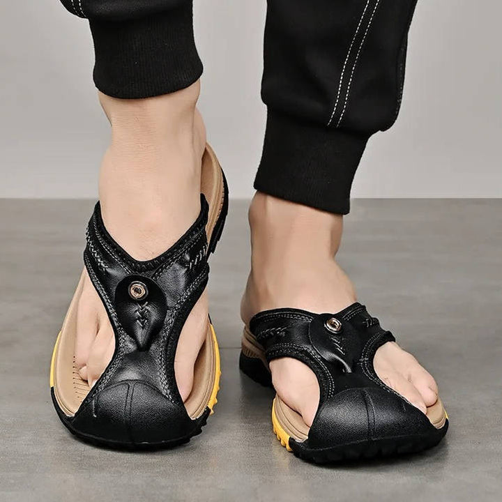 Black men's closed-toe sport sandals, water resistant, durable for outdoor and travel use.