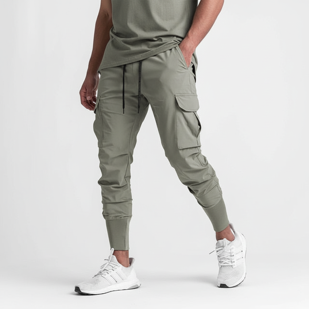 Men's stretch cargo jogger pants, offering comfort & style for active lifestyles & urban casual wear.