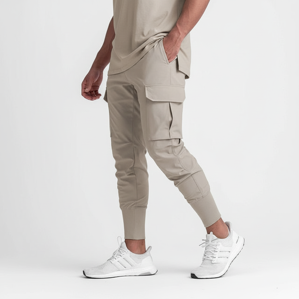 Comfortable men's stretch joggers for active lifestyles, featuring practical pockets & versatile everyday wear.