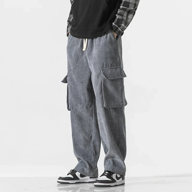 Khaki men's comfortable cargo pants with drawstring waist, ideal for casual everyday wear.