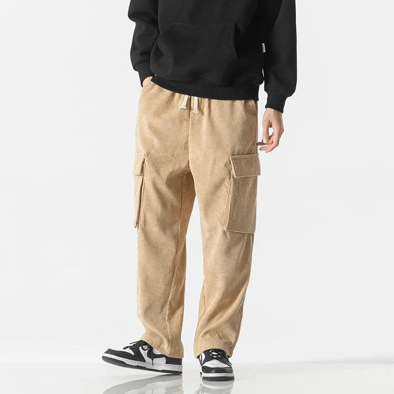 Black men's utility cargo pants, comfortable drawstring waist, perfect for relaxed fit fashion.