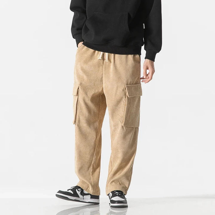 Black men's utility cargo pants, comfortable drawstring waist, perfect for relaxed fit fashion.