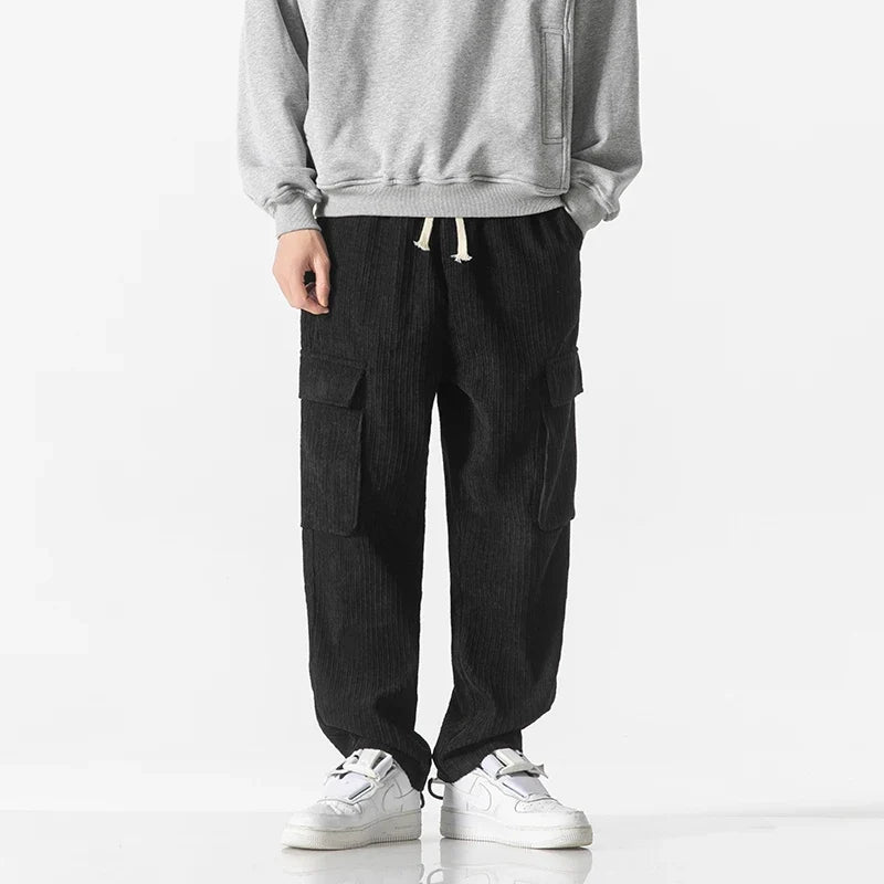 Lightweight cotton men's drawstring cargo pants, comfortable and casual summer wear.