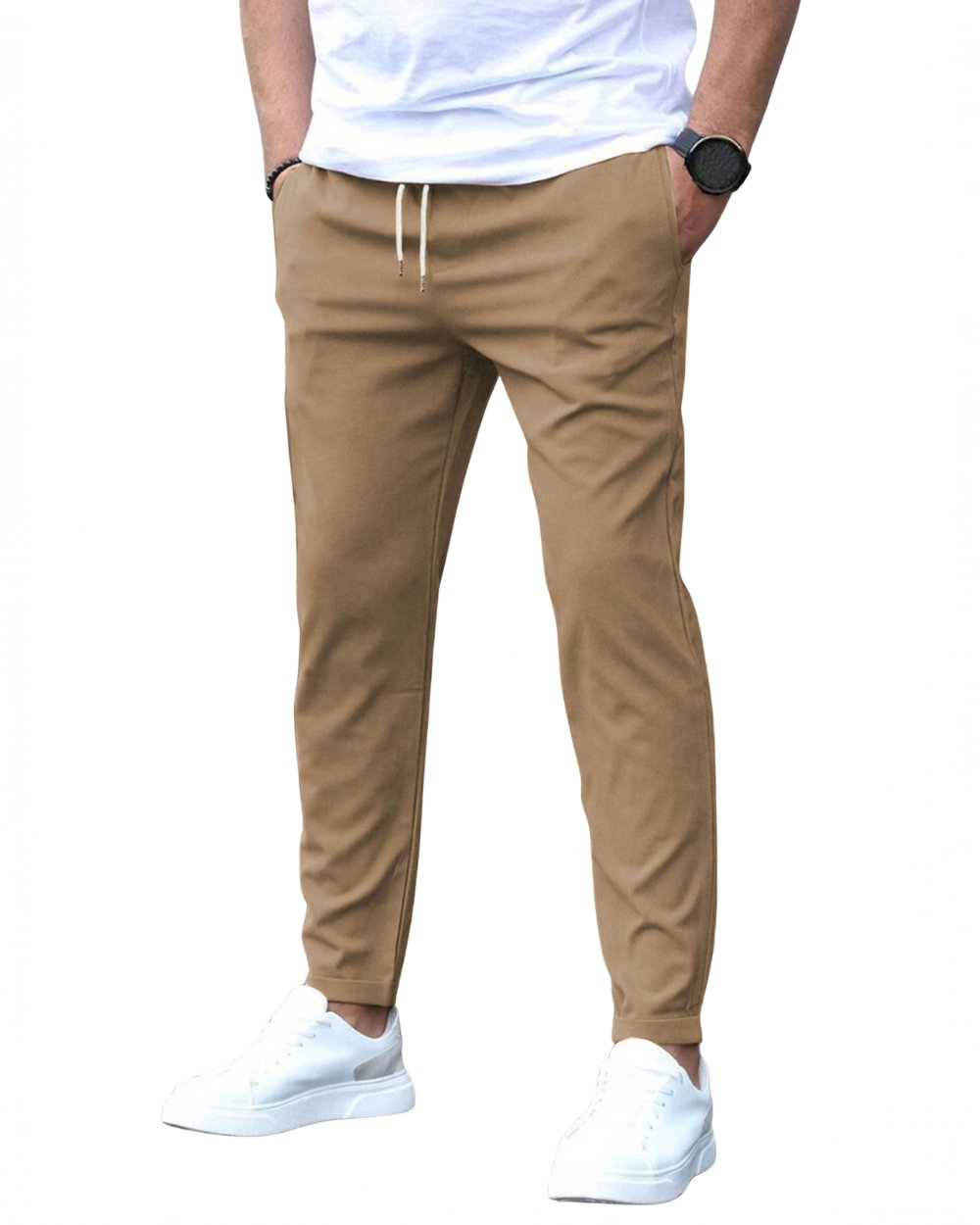 Slim fit men's chino pants with drawstring, offering both comfort and modern appeal.