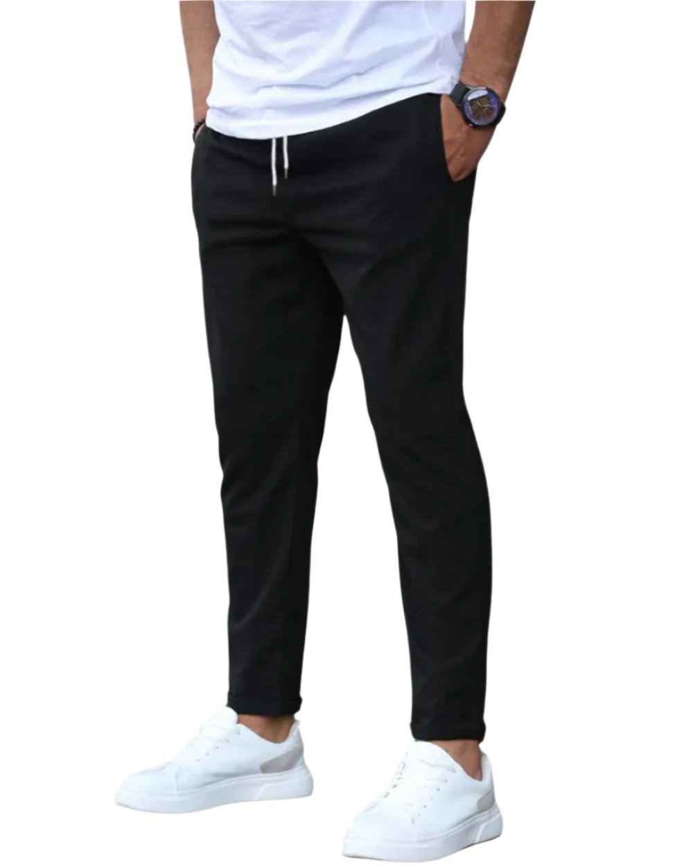 Slim fit men's chino pants with adjustable drawstring waist for casual comfort.
