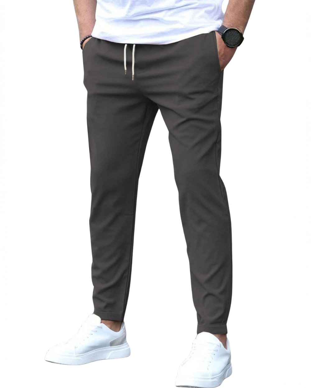 Modern slim fit men's drawstring chino pants, perfect for versatile comfort.