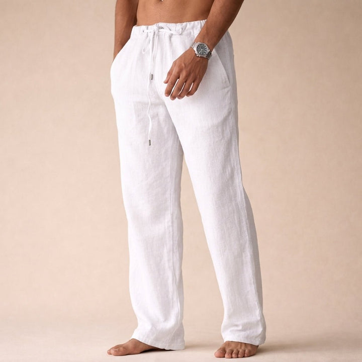 Men's comfortable linen drawstring pants, relaxed fit for casual summer wear. Versatile everyday trousers.