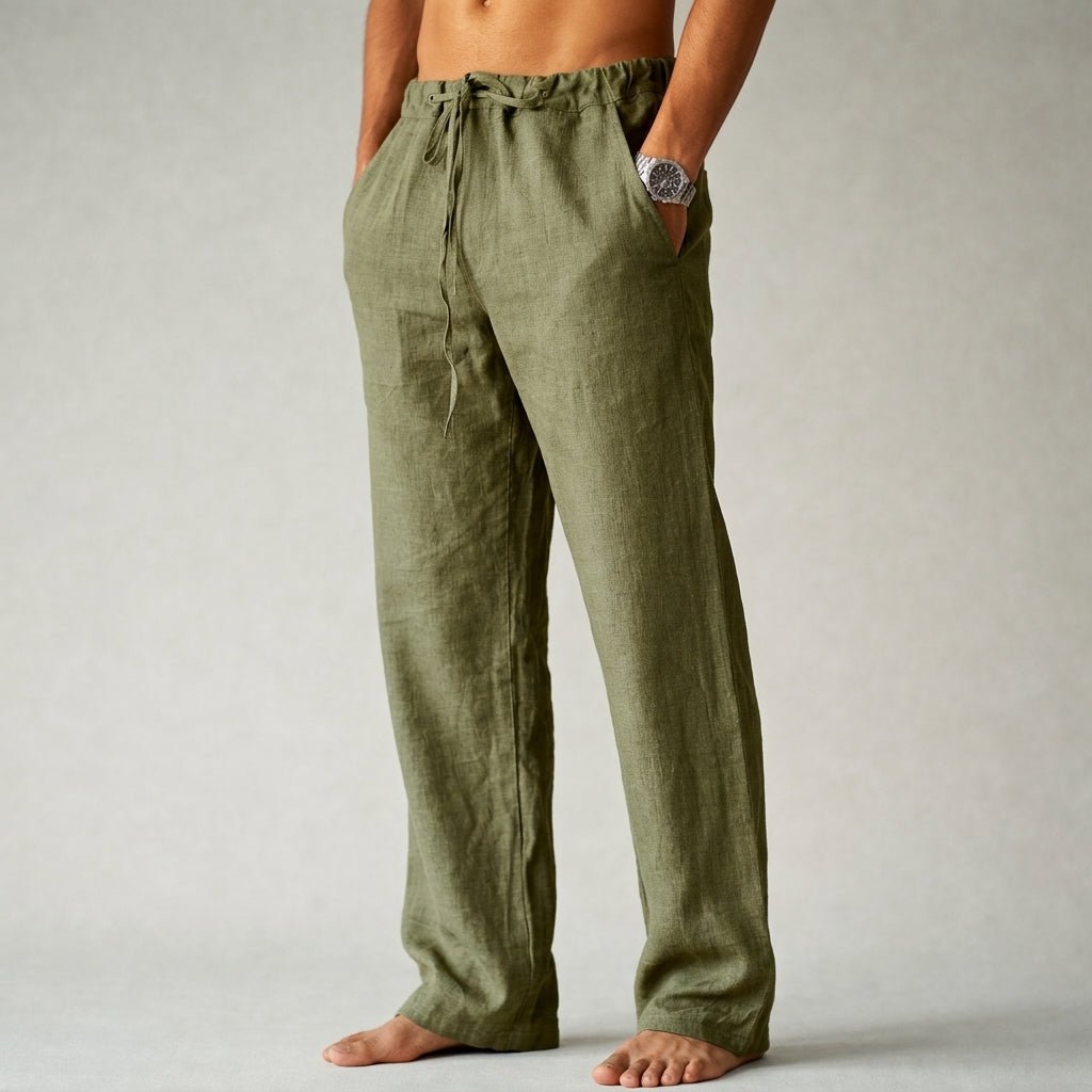 Versatile men's linen drawstring pants, ideal for smart casual or relaxed summer beach outfits. Comfortable fit.