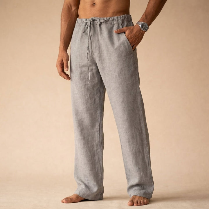 Comfortable men's linen drawstring pants, relaxed fit, versatile for smart casual & stylish summer fashion.