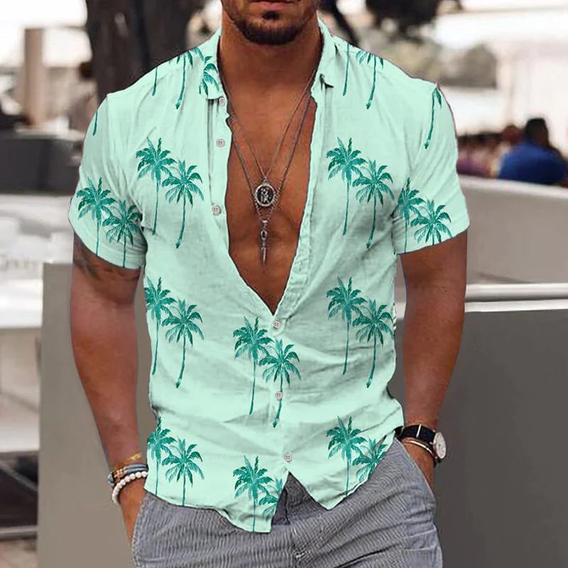 Stylish men's short sleeve button-up shirt in breathable linen. Ideal for relaxed fit summer comfort.
