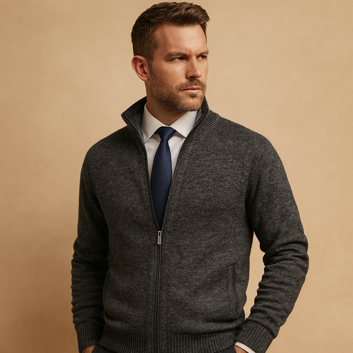 Modern men's zipped sweater, perfect for sporty fall fashion & versatile everyday winter knitwear.