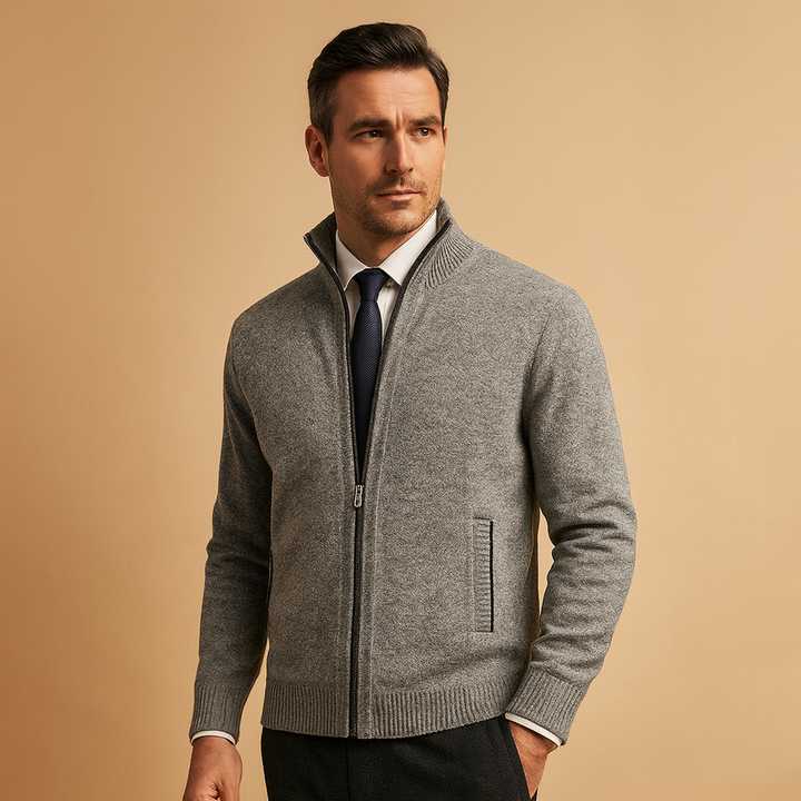 Versatile men's long sleeve zipped cardigan. Comfortable, casual wear, great for fall & winter outfits.