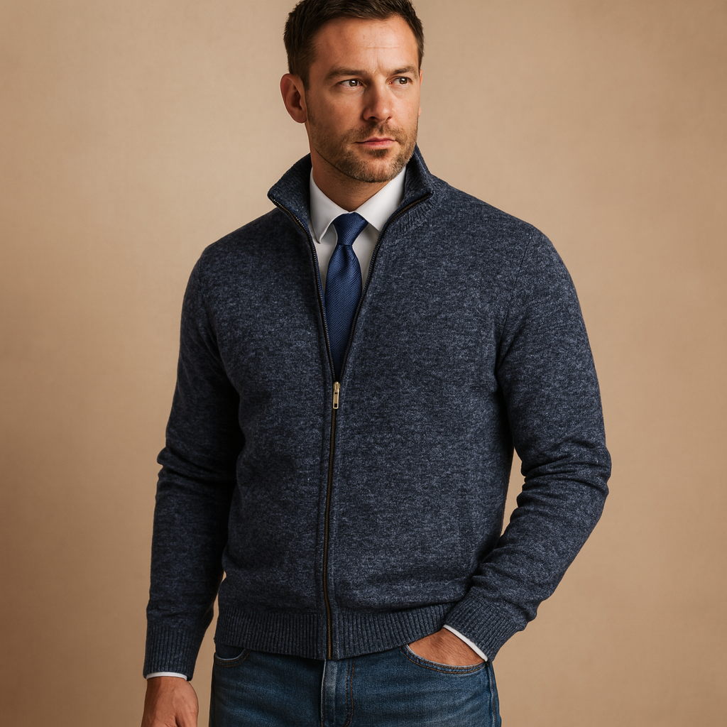 Cozy men's knit zipped cardigan, a comfortable long sleeve sweater for everyday & modern fall fashion.