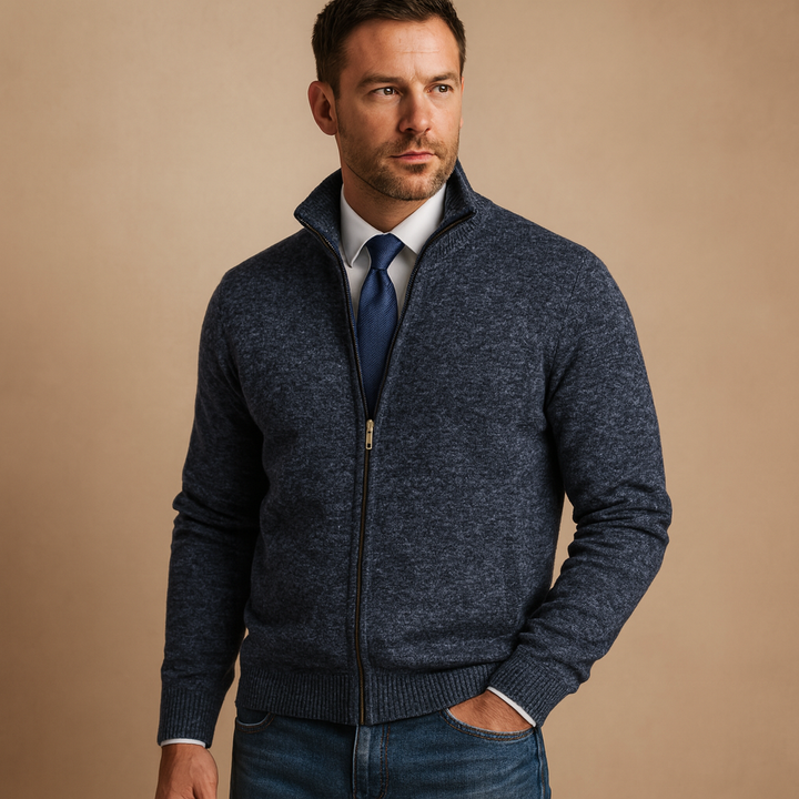 Cozy men's knit zipped cardigan, a comfortable long sleeve sweater for everyday & modern fall fashion.