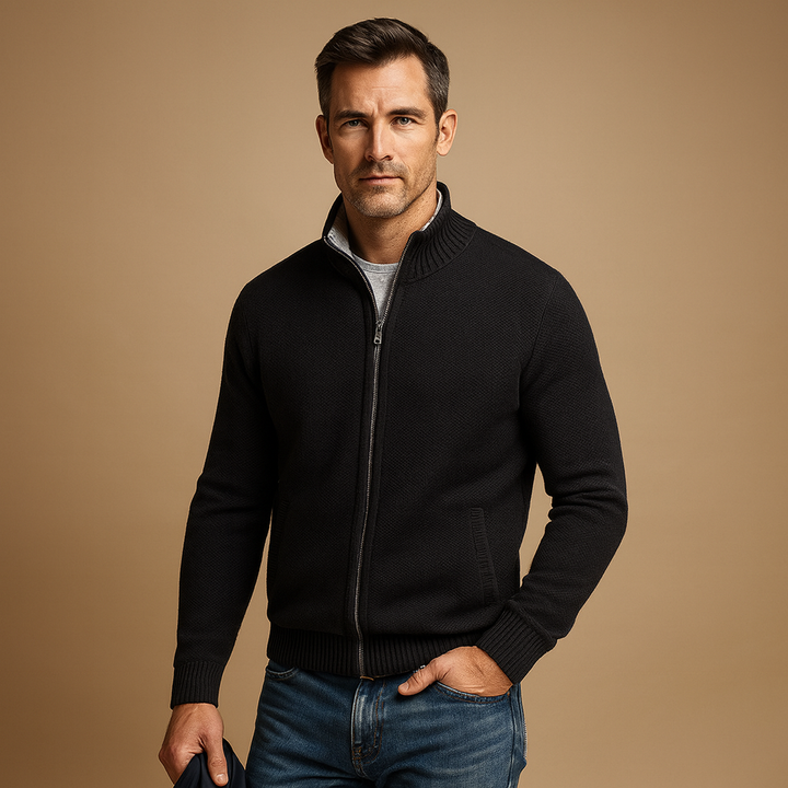 Classic men's zipped sweater, ideal casual wear & comfortable long sleeve knitwear for fall & winter style.