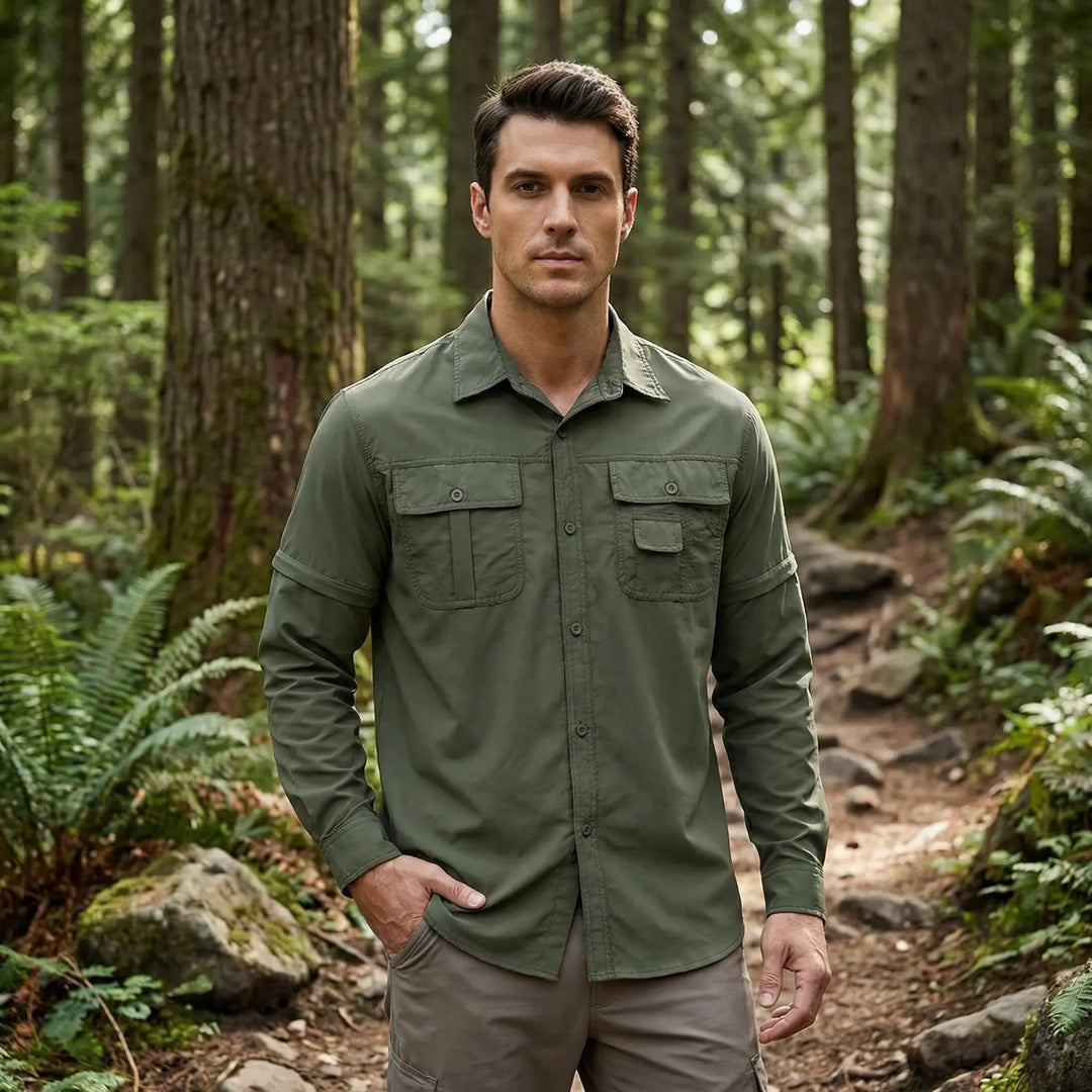 Men's convertible outdoor shirt with zip-off sleeves, perfect for hiking and adaptable to changing weather.