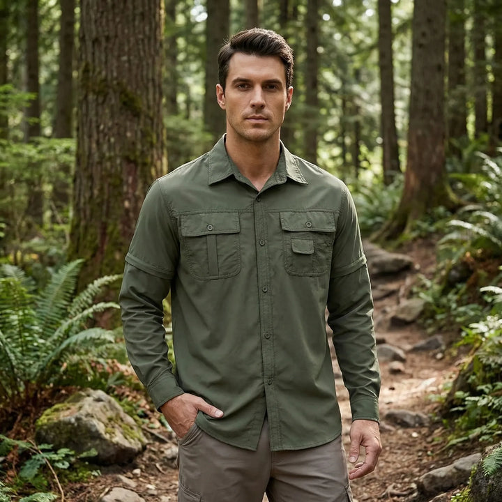 Men's convertible outdoor shirt with zip-off sleeves, perfect for hiking and adaptable to changing weather.