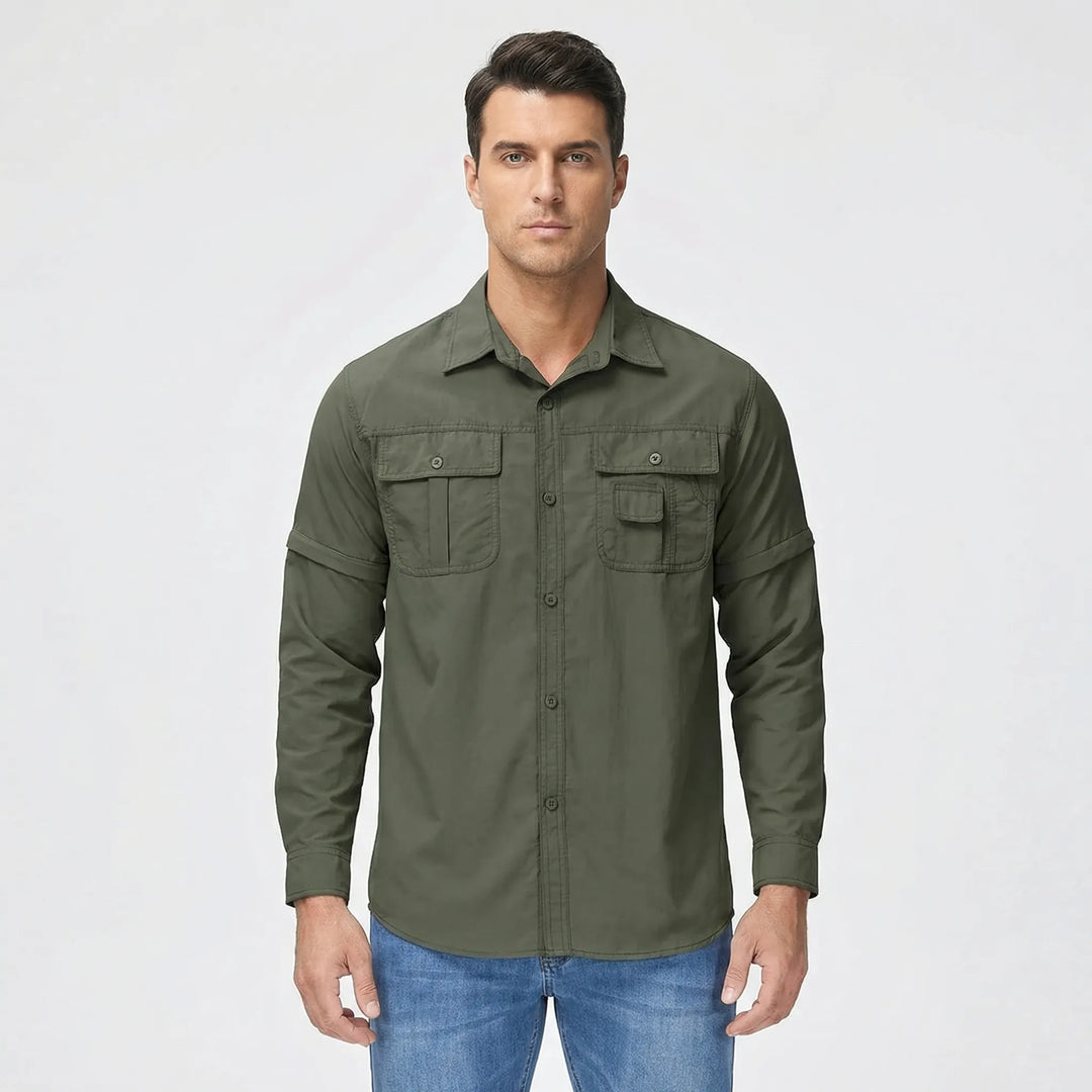 Quick-dry men's hiking shirt with UV protection and zip-off sleeves for comfortable adventure wear.