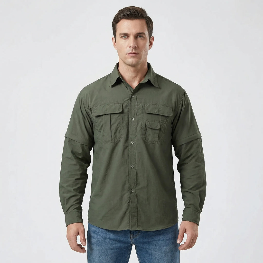 Men's convertible fishing & camping shirt with zip-off sleeves, offering comfort and flexibility outdoors.