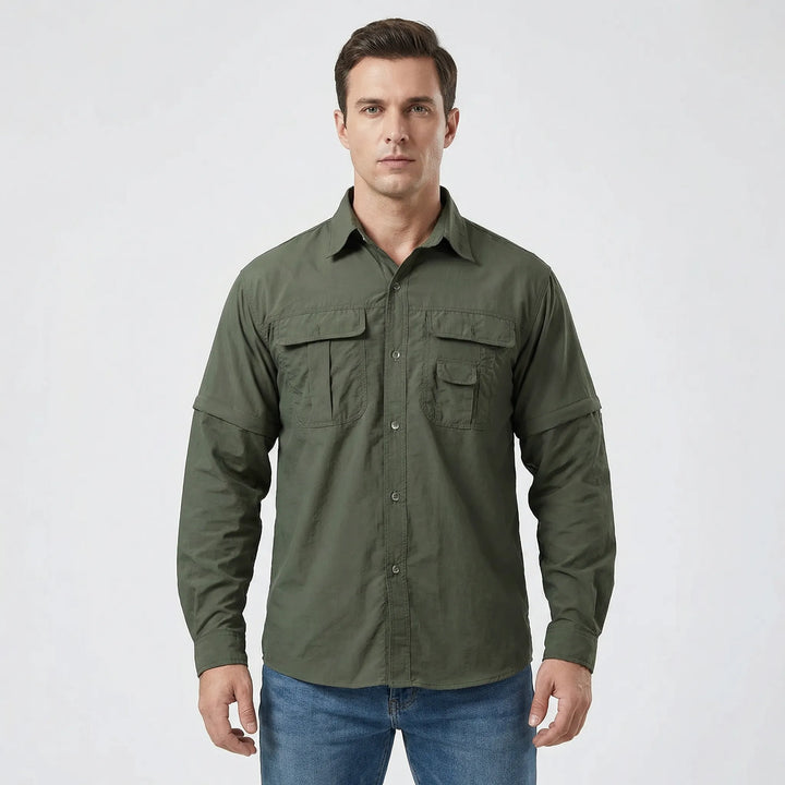 Men's convertible fishing & camping shirt with zip-off sleeves, offering comfort and flexibility outdoors.