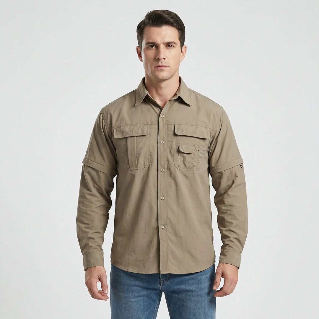 Durable men's outdoor shirt, convertible with zip-off sleeves, designed for adventure, UV protective.