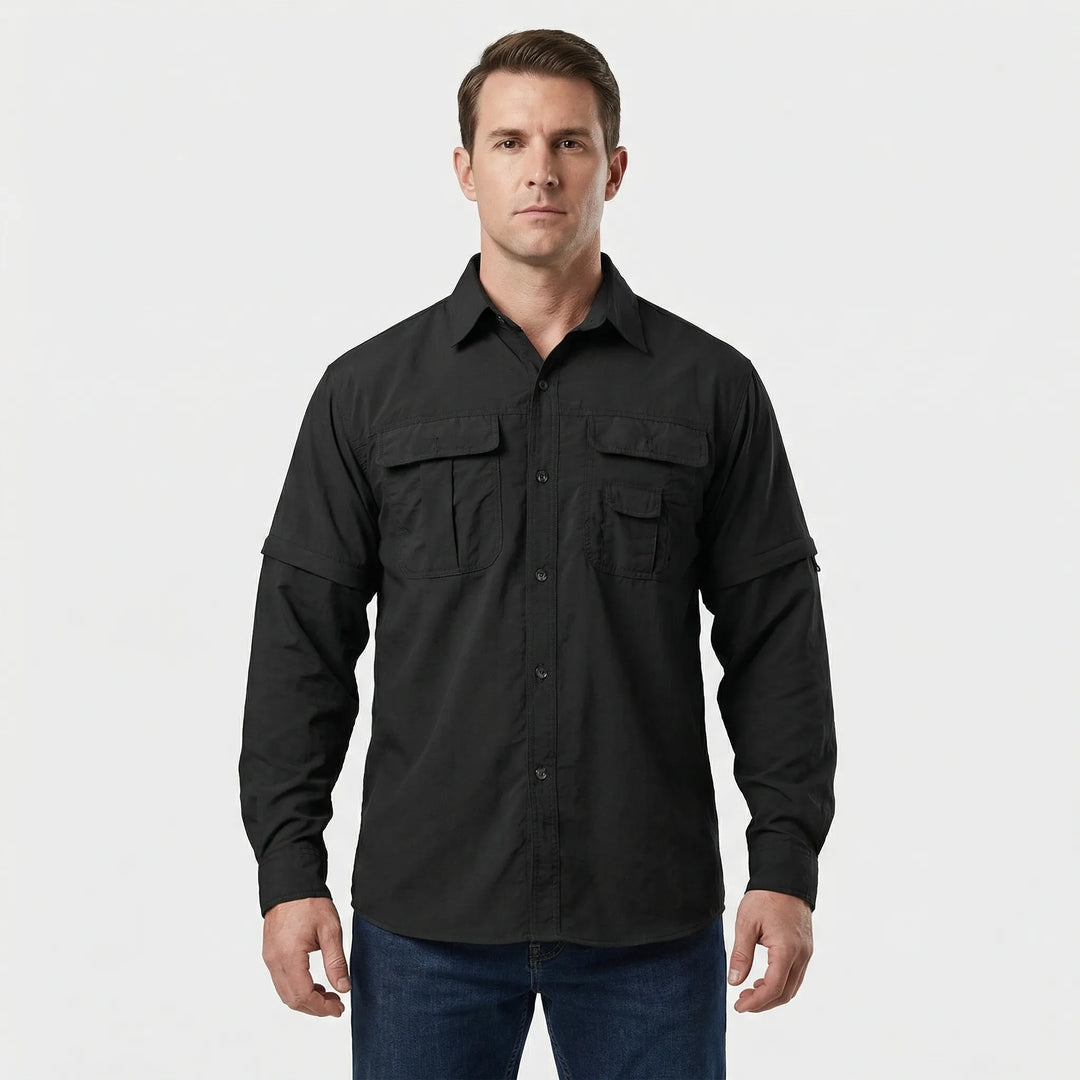 Stylish men's outdoor shirt featuring zip-off sleeves, UV protection, and quick-dry fabric for active wear.