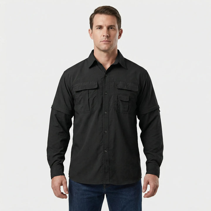 Stylish men's outdoor shirt featuring zip-off sleeves, UV protection, and quick-dry fabric for active wear.