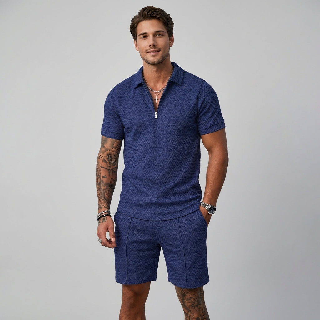 Stylish men's matching summer co-ord: short-sleeve zip polo and textured shorts. Ideal for men's fashion.