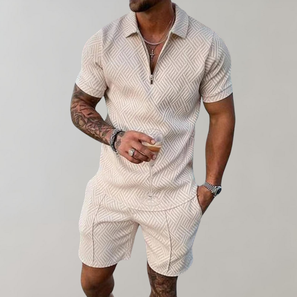 Men's beach outfit: matching summer polo shirt & shorts set. Ideal vacation style for warm weather fashion.