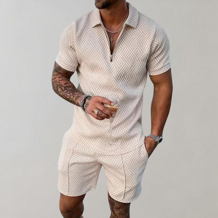 Men's beach outfit: matching summer polo shirt & shorts set. Ideal vacation style for warm weather fashion.
