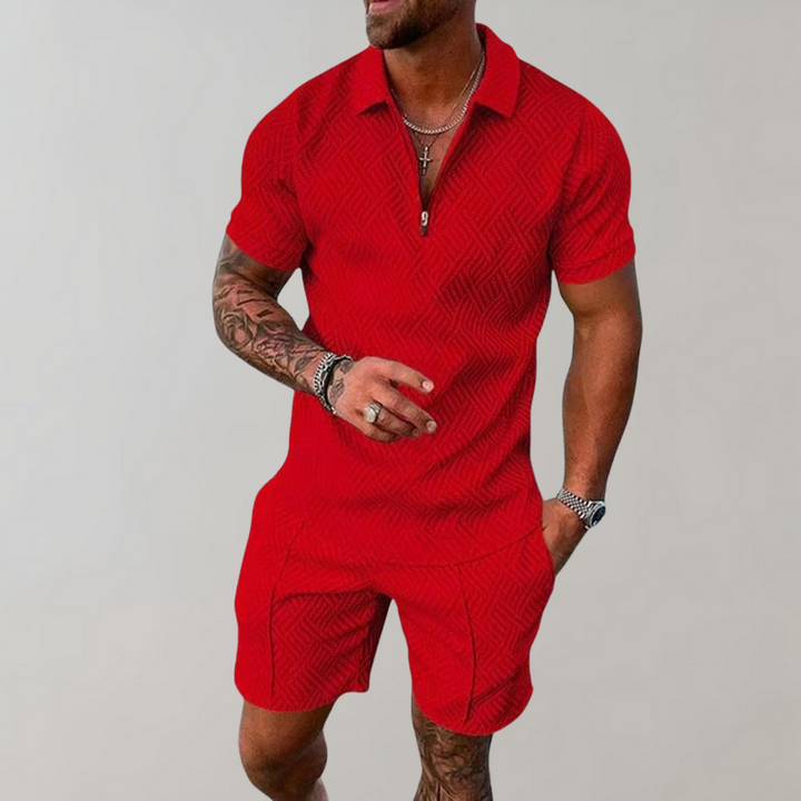 Men's versatile summer outfit: short-sleeve polo shirt and matching textured shorts set. Perfect for travel.