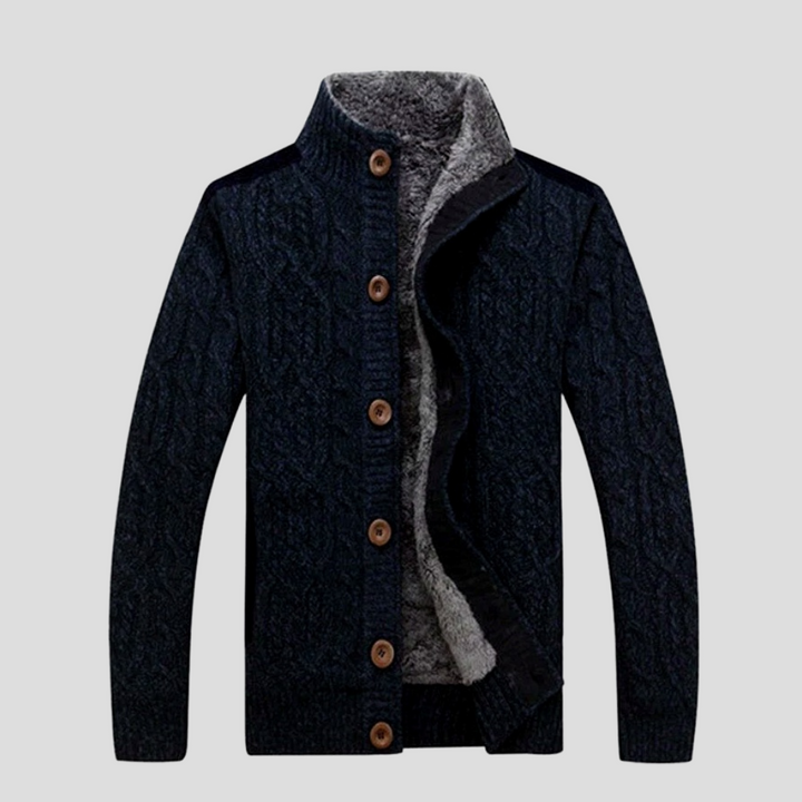Warm men's cable knit button-up cardigan with soft fleece lining, ideal for casual winter fashion.