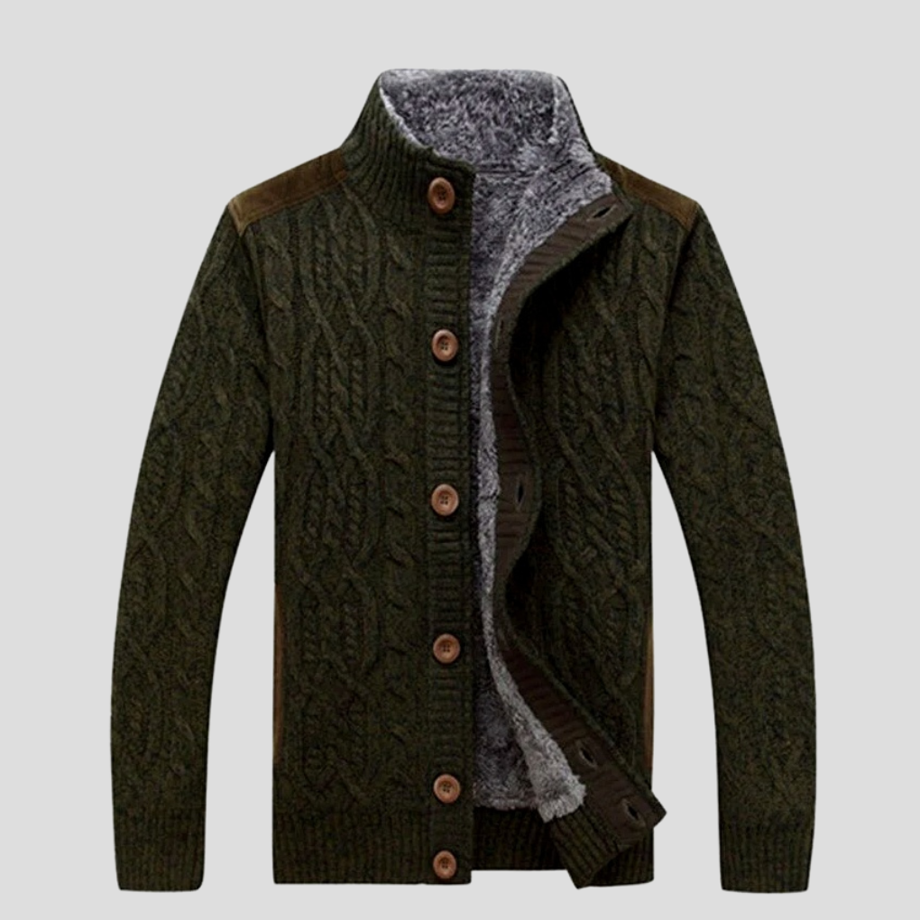 Cozy men's fleece-lined cable knit sweater cardigan with classic button front. Warm & stylish menswear.