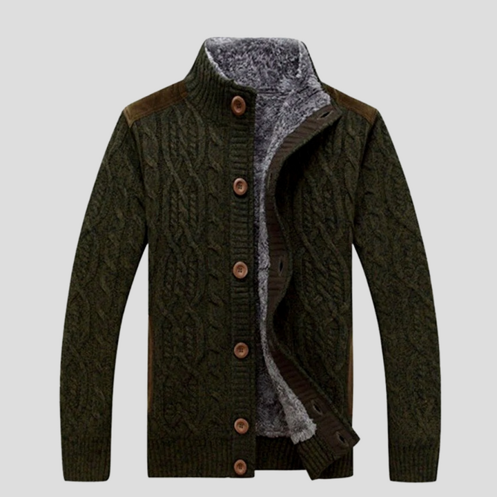 Cozy men's fleece-lined cable knit sweater cardigan with classic button front. Warm & stylish menswear.
