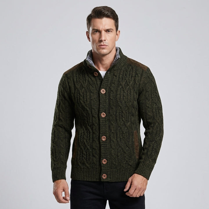 Men's cozy cable knit button-front cardigan. Ideal for winter fashion & layered casual wear.