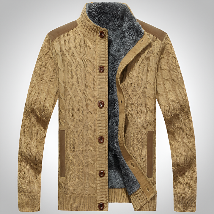 Warm men's cable knit button-front cardigan, perfect for a cozy winter layered look & casual style.