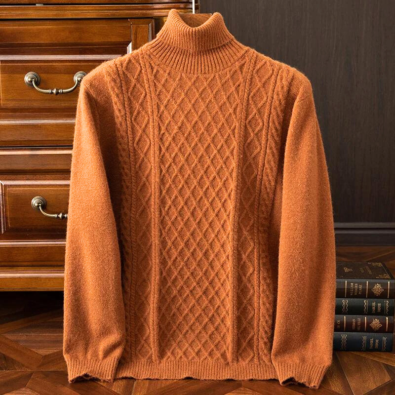 Men's cozy cable knit turtleneck sweater in a classic style, perfect for winter fashion and warmth.