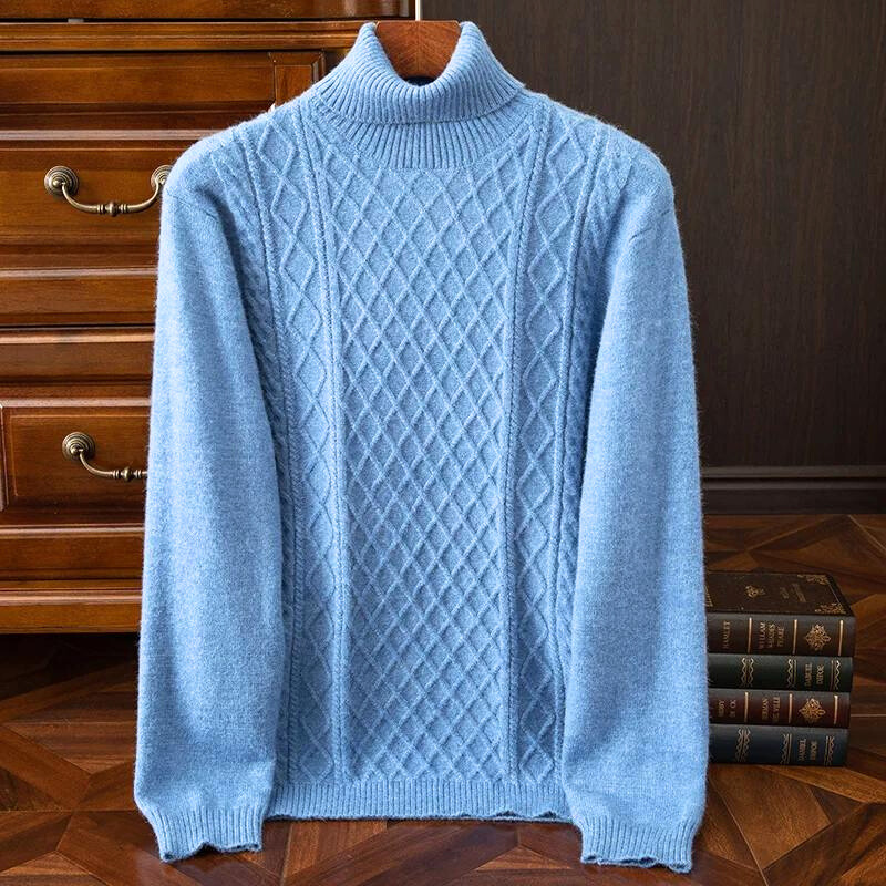 Cozy men's turtleneck sweater with intricate cable knit texture, perfect for cold weather and fall clothing.