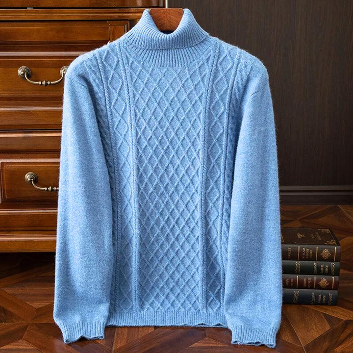 Cozy men's turtleneck sweater with intricate cable knit texture, perfect for cold weather and fall clothing.