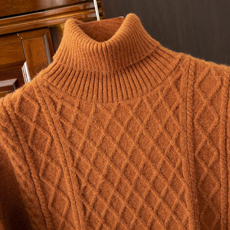 Stylish men's cozy cable knit turtleneck sweater, a warm long sleeve classic for mens winter style.