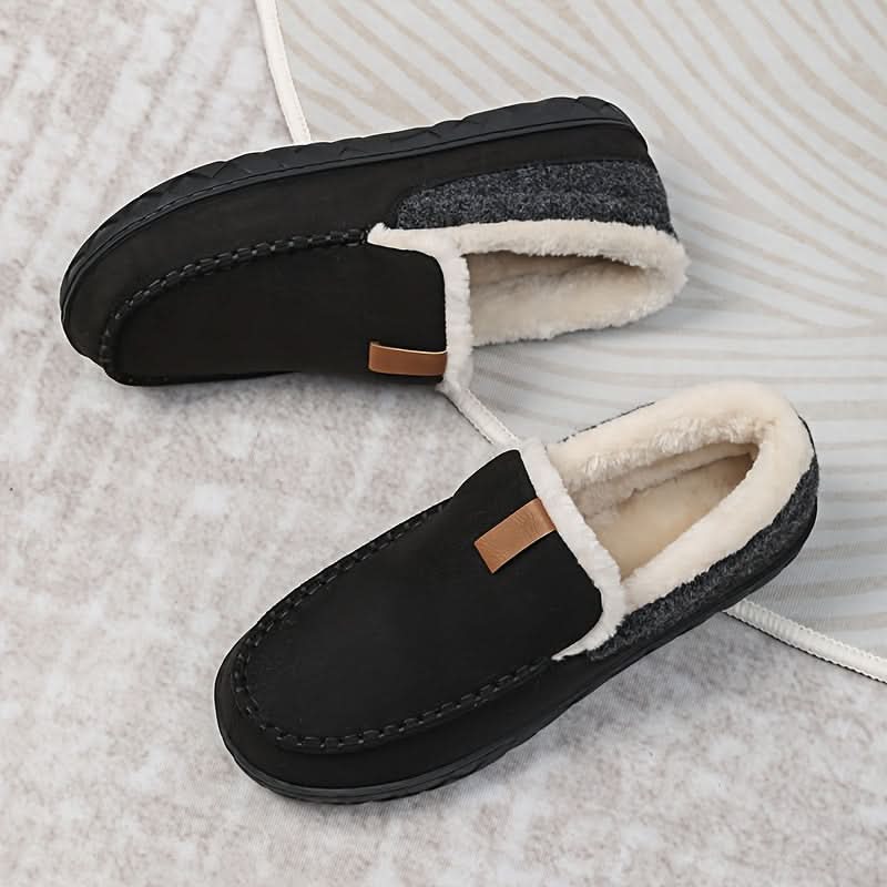 Men's cozy slip-on house shoes, ideal for winter warmth. Soft, comfortable indoor slippers.
