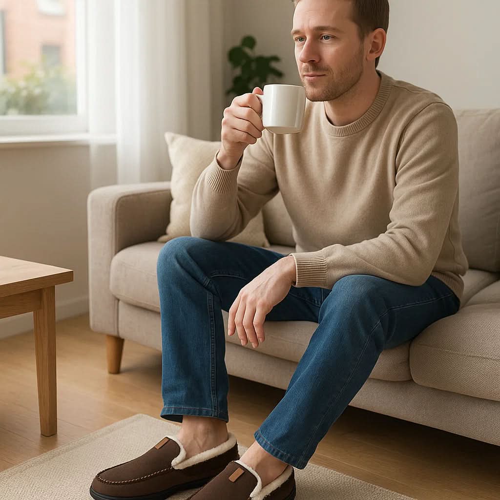 Warm men's winter house slippers, easy slip-on style for ultimate comfort.