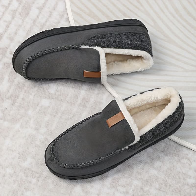 Front view of men's cozy winter house shoes, comfortable slip-on indoor footwear.
