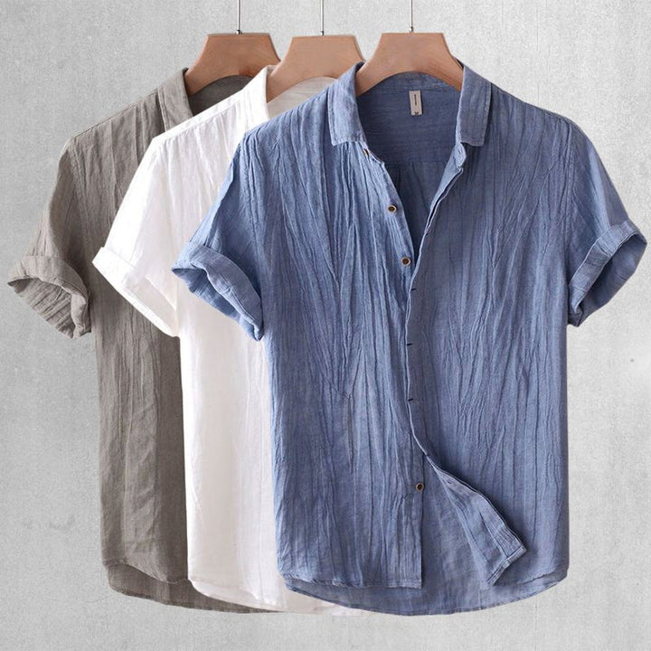 Men's crinkle short sleeve shirt, perfect for casual summer style and warm weather comfort.