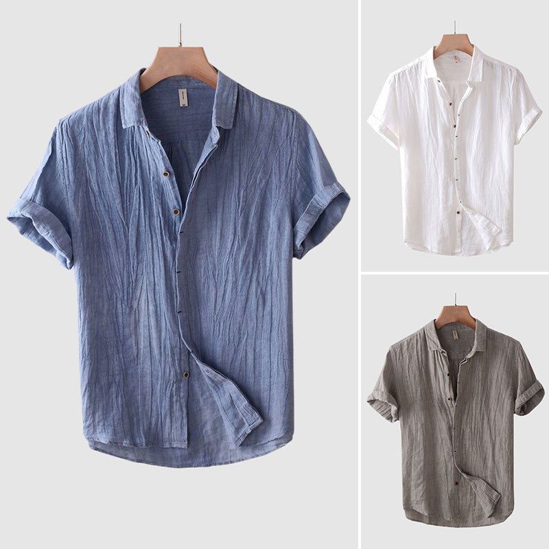 Casual men's short sleeve crinkle shirt, a breathable top for summer and warm weather fashion.